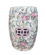 Mid Century Chinese Famille Pink Peach Floral Ceramic Garden Stool 19&quot;×1... - $390.88 CAD