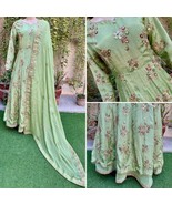 Pakistani Light Green double  Maxi Style Embroidered Sequins Raw Silk Dr... - $157.41