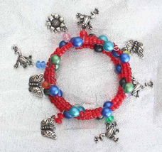 Silver-tone Frog &amp; Butterfly Red Glass Bead Flex Bracelet 1990s vintage - $14.95