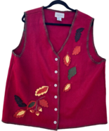 lemon grass wool vest embroidered size 20W leaves autumn burgundy - $37.88 CAD