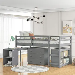 Low Study Twin Loft Bed with Cabinet and Rolling Portable Desk - Gray - $924.99