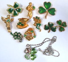 Green Clover St Patricks Day Jewelry Lot Pins, Earrings, Necklace, Charm - £36.26 GBP