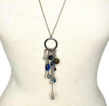 Lia Sophia Pendant Necklace Silver Tone Gray Blue Acrylic Beads Tassel 28” - £10.68 GBP