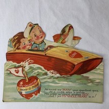 Large Vtg 1940s Die Cut Mechanical Valentine w/ Speedboat Fishing Couple... - £57.77 GBP