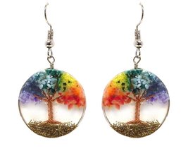 Tree of Life Crushed Chip Stone Inlay Copper Wire Round Clear Acrylic Dangle Ear - £13.37 GBP