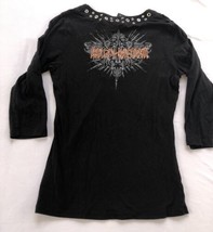 Harley Davidson Womens Black Embellished Long Sleeve Stretch Slim Fit Sh... - $19.77