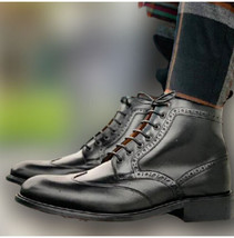 New Handmade Men&#39;s Black Leather Brogue Boots, Men Leather High Ankle Boots - £118.69 GBP+
