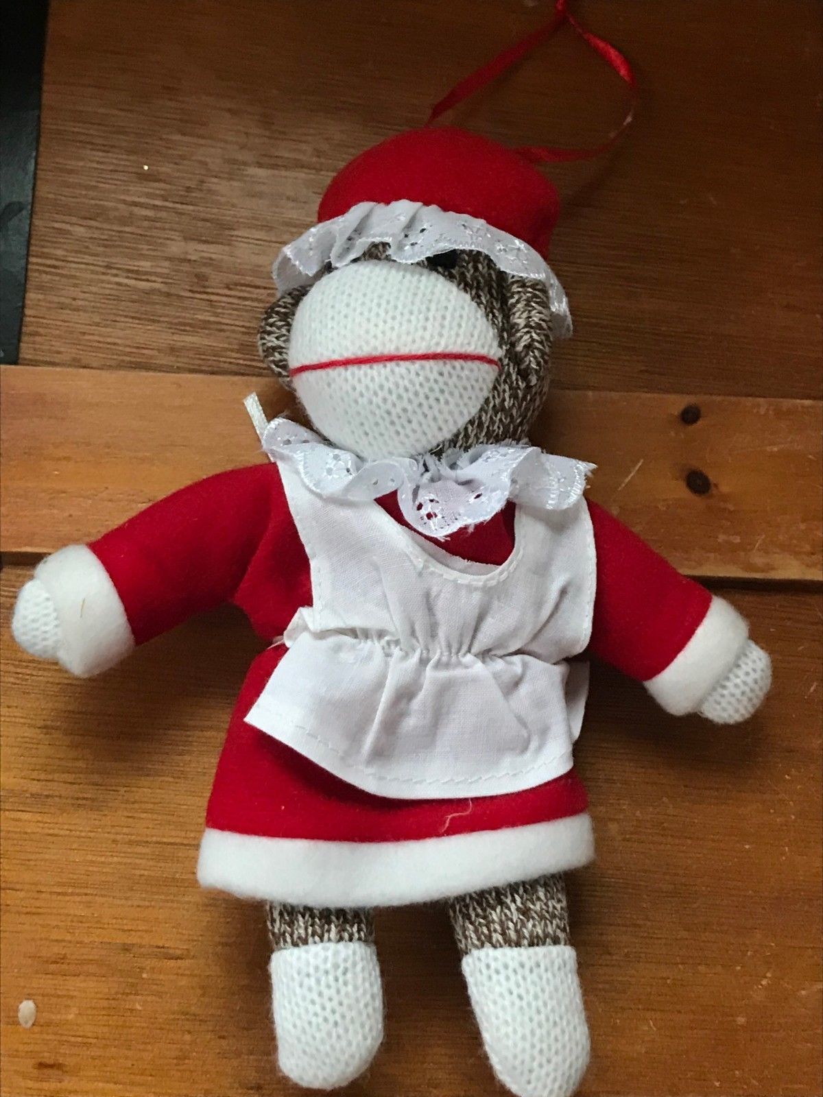Small Brown Heather Sock Monkey Mrs. Santa Claus Christmas Holiday Plush Stuffed - $6.79