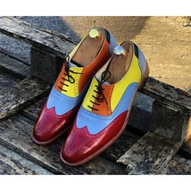 Men&#39;s Handmade High-quality PU Color Matching Color Hollow Lace-up Pointed Toe L - £61.48 GBP