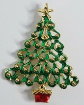 Christmas Tree Gold Tone Ornaments Star Red Stand Vintage Brooch Pin - $12.99