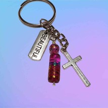 Key Chain Handmade Live is Beautiful Pink &amp; Silver World Shipping - £7.70 GBP