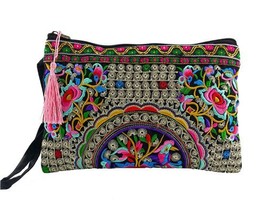 BOHO Women&#39;s bags Embroidery canvas wallet clutch purse for women Wristlets bag  - £53.08 GBP