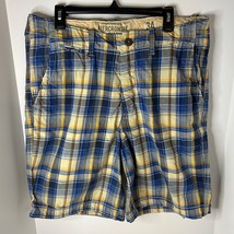 Abercrombie &amp; Fitch Shorts Mens 34 Chino Khaki Plaid Pockets Casual Blue Yellow - £13.99 GBP