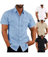 Double Pocket Cotton Linen Short Sleeve Casual Beach Men&#39;s Shirt Shirt  - $1,659.00