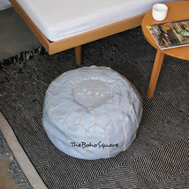 Handmade &amp; Hand-Stitched Moroccan Pouf, Genuine Leather Ottoman, Gray Color - £63.86 GBP