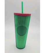STARBUCKS STUDDED GREEN 24 OZ TUMBLER CUP RED LID  Holiday Christmas Wat... - $16.51