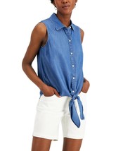 MSRP $50 Charter Club Cotton Tie-Hem Sleeveless Shirt Blue Size 10 - £8.71 GBP