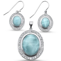 Sterling Silver Oval Cut Natural Larimar &amp; CZ Earring &amp; Pendant Set - £107.88 GBP