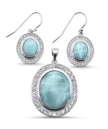 Sterling Silver Oval Cut Natural Larimar &amp; CZ Earring &amp; Pendant Set - $239.65 CAD