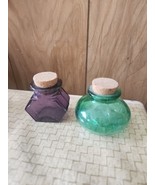 Lot of 2 Glass Bottles Jars W/Corks Green Purple Collectibles Window Sit... - $21.00