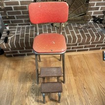 Vtg Red MCM Mid Century Modern Chrome &amp; Vinyl Kitchen Step Chair *sold AS IS* - £49.54 GBP
