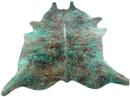 Turquoise Cowhide Rug Size: 8&#39; X 7.3&#39; Blue/Brown Acid Washed Cowhide Rug C-1234 - £236.57 GBP