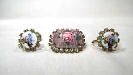 Vintage Guilloche Rose Rhinestone Pin Brooch &amp; Earrings K342 - £38.05 GBP