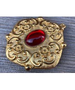 VTG LARGE GOLD PLATED REVLON NY SOLID PERFUME NECKLACE PENDANT RED JEWELED - $27.67