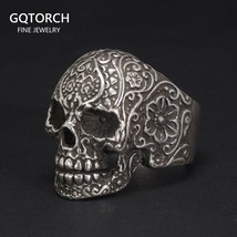 Real Pure 925 Sterling Silver Gothic Skeleton Rings For Men Punk Rock Rose Flowe - £69.32 GBP