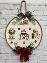Christmas Dogs puppies sign Wall Door wood handmade hanging round 14” New - £11.77 GBP