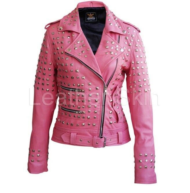 Women's Pink Color Biker Slim Fit Genuine Leather Silver Studded Handmade Jacket