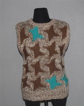 VTG SML Sport Hand Knit Acrylic Wool Mocha Turquoise Stars Sweater Vest ... - £18.37 GBP