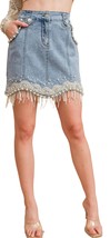 Blue B denim embellished pearl fringe mini skirt Medium Wash - £37.94 GBP