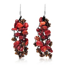 Sweet Red Serenade Coral-Pearl Seeds Bead Silver Earrings - £13.56 GBP