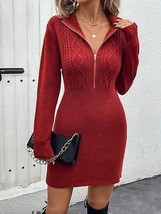 Cable-Knit Half Zip Long Sleeve Sweater Dress - £41.70 GBP