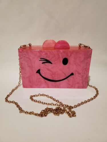 Primary image for Bari Lynn Pink Acrylic Clutch Crossbody Purse Happy Smiley Wink Face Chain Strap