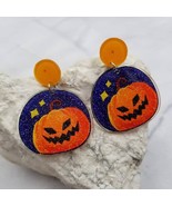 Glitter Acrylic Halloween Pumpkin Orange Purple Earrings - $19.43 CAD