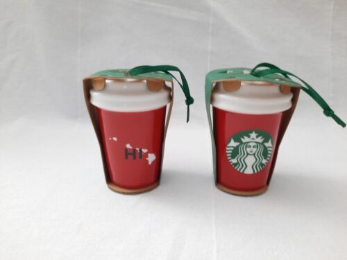 2016 Pair of Starbucks Christmas Ornaments ~ Hawaii ~ Ceramic Red Cup NIP (B) - $28.66