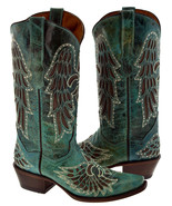 Womens Cowboy Boots Leather Turquoise Fleur De Lis Wings Snip Toe - £86.32 GBP
