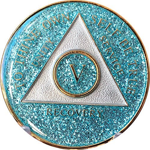 5 Year AA Medallion Aqua Blue Glitter Tri-Plate Turquoise Bling Bling Chip V