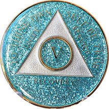 5 Year AA Medallion Aqua Blue Glitter Tri-Plate Turquoise Bling Bling Chip V - £15.02 GBP