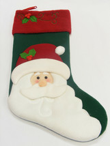 GREEN POLYESTER CHRISTMAS STOCKING w/PLUSH SANTA &amp; RED CUFF w/ HOLLY LEAVES - £11.65 GBP