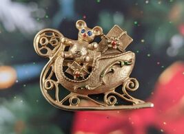 Santa&#39;s Sleigh Brooch | Christmas Gold Present Pin - $24.99