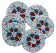 Set of 6 White Round coasters Matte Finish drink coaster hand beaded coa... - $26.72