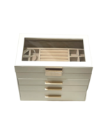 Songmics Jewlery Box White Brushed Brass Handles Glass Top Faux Leather 8.3"H