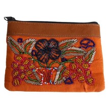 Vtg Small Hippie BoHo Soho Orange Brown Embroidered Beaded Purse Handbag 70&#39;s - £10.99 GBP