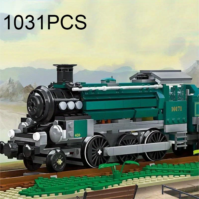 1031PCS Classic Retro Green Steam Train Model Building Blocks City Rail - £45.43 GBP