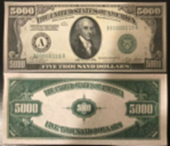 Reproduction United States 1928 $5000 Bill Federal Reserve Note Copy USA Madison - £3.19 GBP