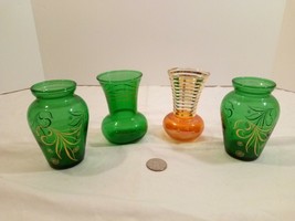 Set of 4 Vintage Miniature Glass Vases 3 Green &amp; 1 Peach with Gold Designs MCM - £17.40 GBP