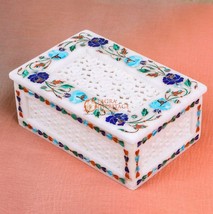 Marble White Jewelry Inlay Box Lapis Pietradura Floral Filigree Art Wedding Gift - £392.32 GBP